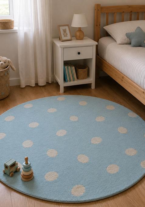 Saffron Rugs Hand-Tufted 80% Wool Round Rug | Mint Blue | Cotton Backing | Contemporary Polka Dots