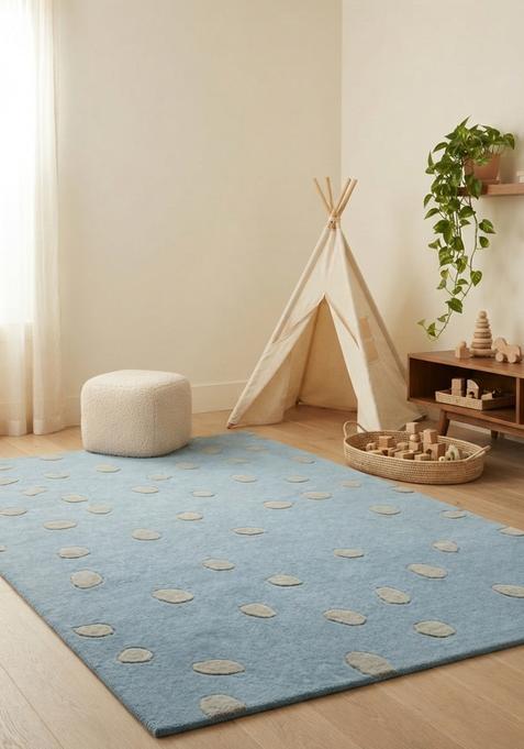 Saffron Rugs Hand-Tufted 80% Wool Rectangular Rug | Mint Blue | Cotton Backing | Contemporary Polka Dots