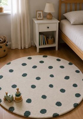 Saffron Rugs Hand-Tufted 80% Wool Round Rug | Cream Dark Green | Cotton Backing | Casual Polka Dots