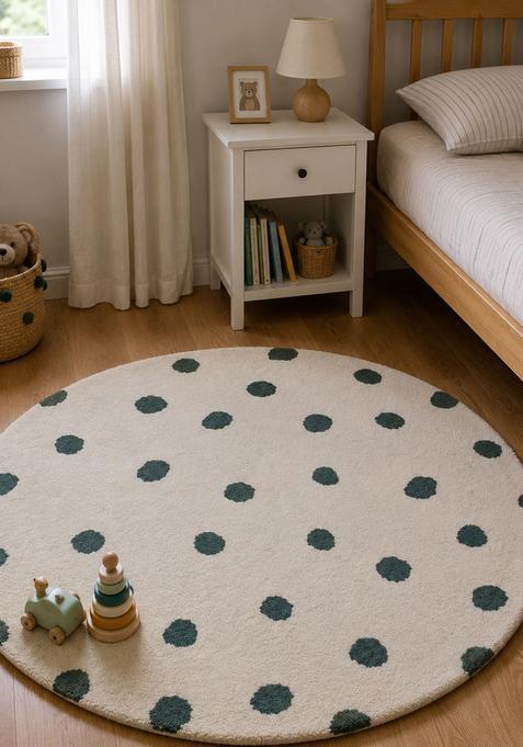 Saffron Rugs Hand-Tufted 80% Wool Round Rug | Cream Dark Green | Cotton Backing | Casual Polka Dots