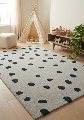 Saffron Rugs Hand-Tufted 80% Wool Rectangular Rug | Dark Green | Cotton Backing | Contemporary Polka Dots