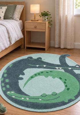 Saffron Rugs Hand-Tufted 80% Wool Round Rug | Green | Cotton Backing | Casual Animal Print