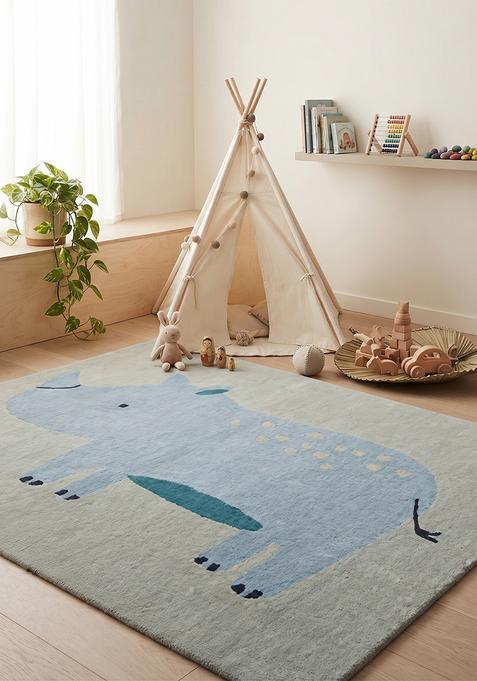 Saffron Rugs Hand-Tufted 80% Wool Rectangular Rug | Blue Grey | Cotton Backing | Casual Animal Print