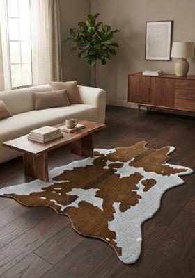 Saffron Rugs Hand-Tufted 80% Wool Oblong Rug | Brown and White | Cotton Backing | Western Cow Print