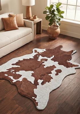 Saffron Rugs Hand-Tufted 80% Wool Rectangular Rug | Brown and White | Cotton Backing | Country Rustic Cow Print