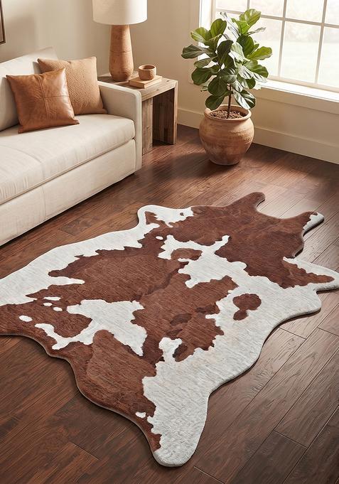 Saffron Rugs Hand-Tufted 80% Wool Rectangular Rug | Brown and White | Cotton Backing | Country Rustic Cow Print