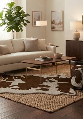 Saffron Rugs Hand-Tufted 80% Wool Oblong Rug | Brown and White | Cotton Backing | Country Rustic Cow Print