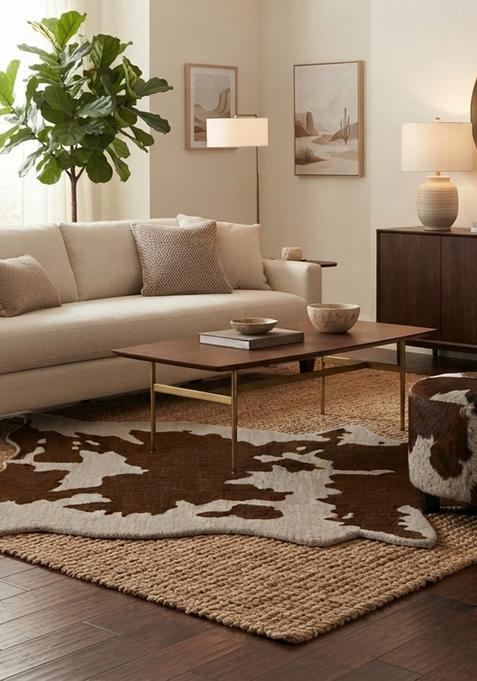 Saffron Rugs Hand-Tufted 80% Wool Oblong Rug | Brown and White | Cotton Backing | Country Rustic Cow Print
