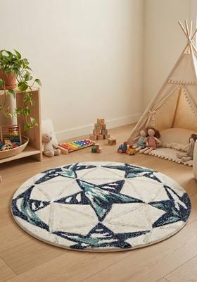 Saffron Rugs Hand-Tufted 80% Wool Rectangular Rug | Beige Navy Blue | Cotton Backing | Contemporary Stars