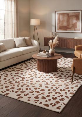 Saffron Rugs Hand-Tufted 80% Wool Rectangular Rug | Cream Brown | Cotton Backing | Contemporary Animal Print