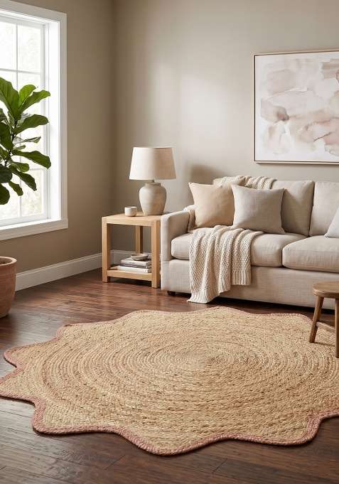 100% Jute Braided Natural Beige Rug | Boho Braided Round Flat Woven Reversible Carpet For Living Room