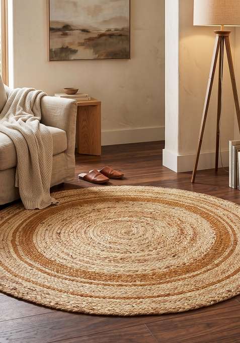100% Jute Braided Natural Tan Rug | Bohemian Braided Round Flat Woven Reversible Carpet For Living Room