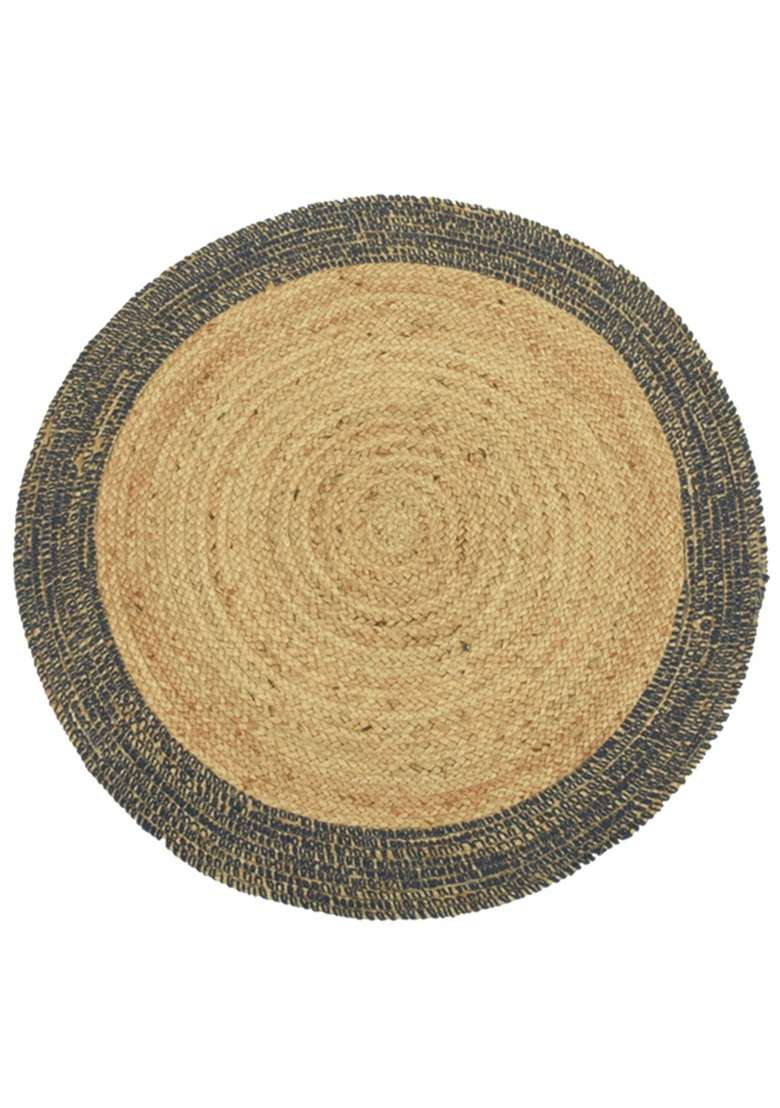 Saffron Rugs Flat Woven Natural Jute Area Rug | Natural Tan Navy Round Rug | Bohemian Braided Home Decor Carpet for Living Room Bedroom - Indya