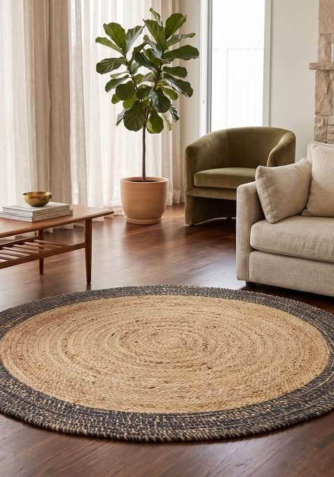 100% Jute Braided Natural Tan Navy Rug | Bohemian Braided Round Flat Woven Reversible Carpet For Living Room