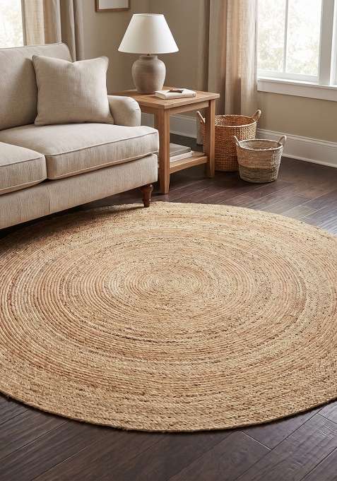 100% Jute Braided Natural Tan Rug | Bohemian Braided Round Flat Woven Reversible Carpet For Living Room