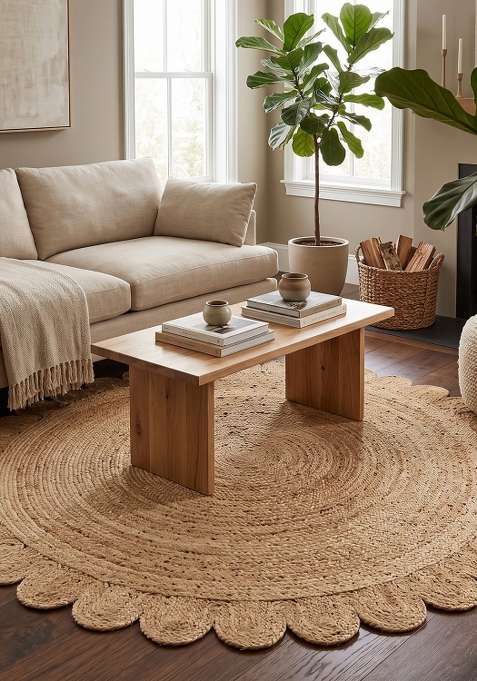 100% Jute Braided Natural Beige Rug | Boho Braided Round Flat Woven Reversible Carpet For Living Room