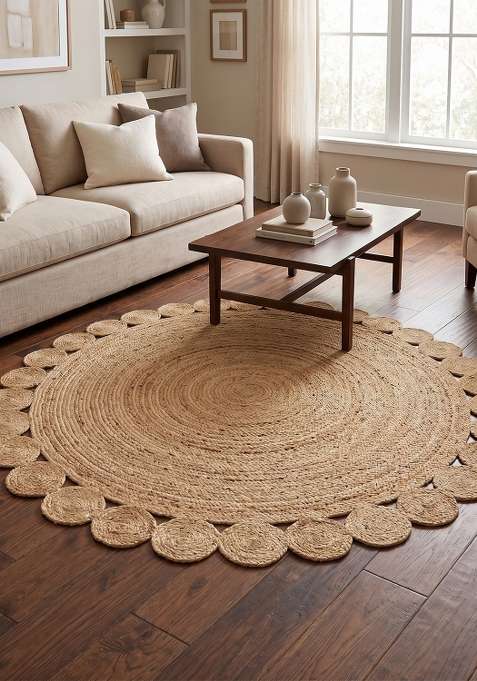 100% Jute Braided Natural Beige Rug | Bohemian Braided Round Flat Woven Reversible Carpet For Living Room