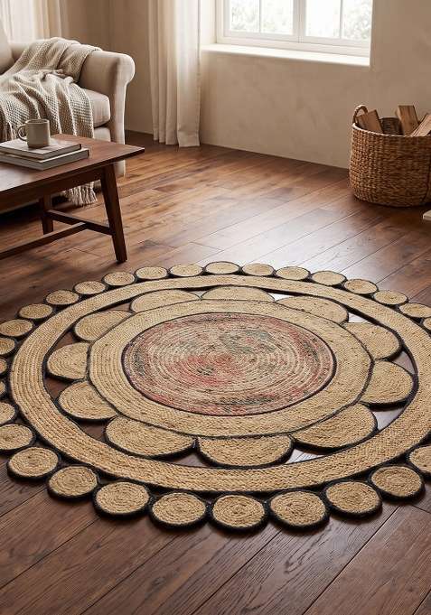 100% Jute Braided Natural Beige Rug | Bohemian Braided Round Flat Woven Reversible Carpet For Living Room