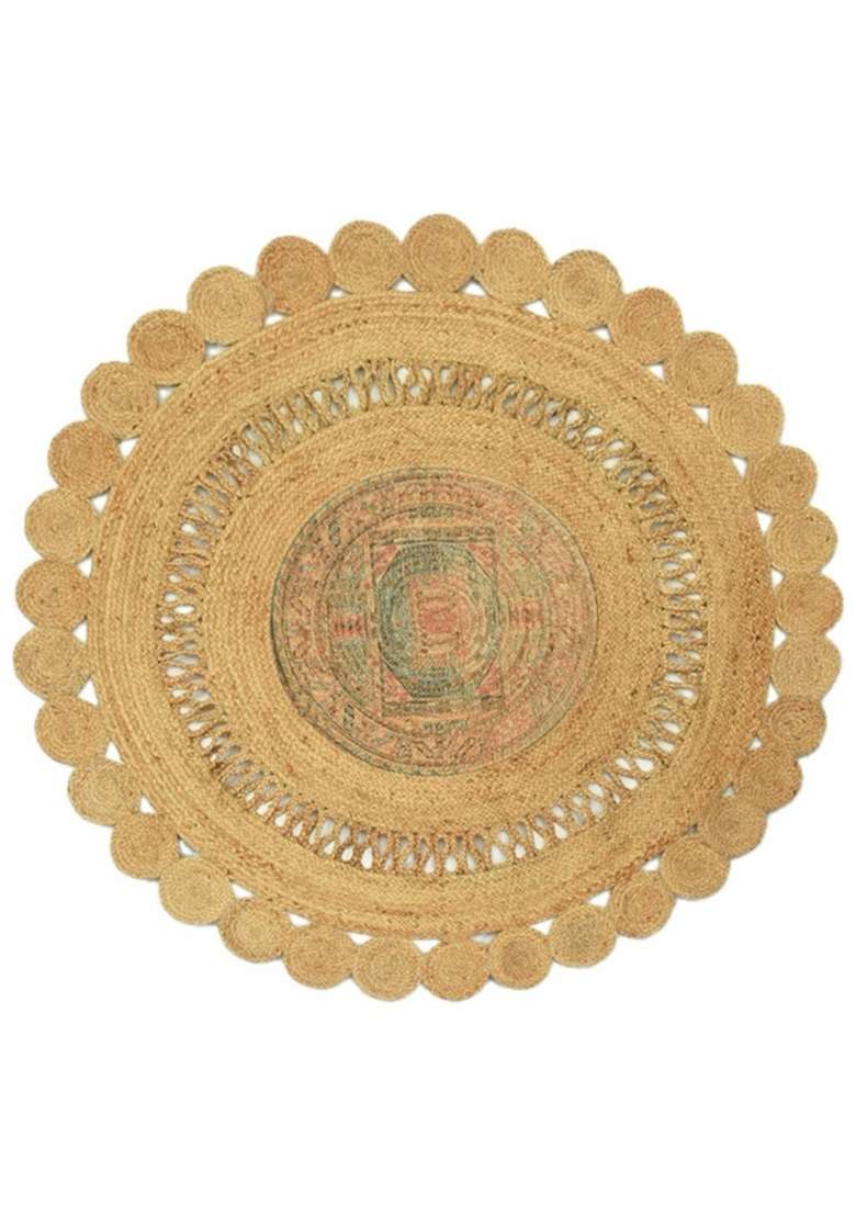 Saffron Rugs Flat Woven Natural Jute Area Rug | Natural Tan Beige Round Rug | Boho Geometric Home Decor Carpet for Living Room Bedroom - Indya