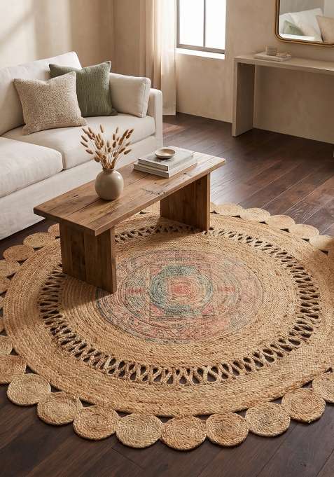 100% Jute Braided Natural Tan Beige Rug | Boho Geometric Round Flat Woven Reversible Carpet For Living Room