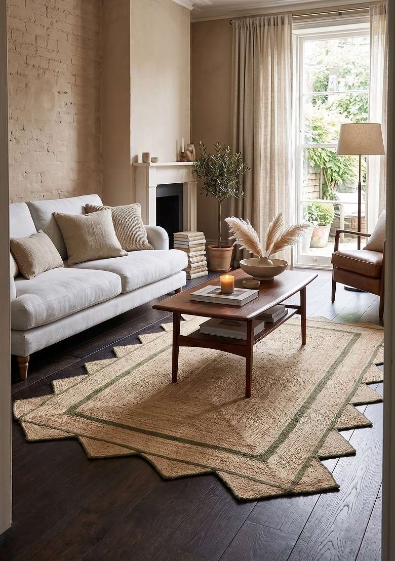 Saffron Rugs Flat Woven Natural Jute Area Rug | Natural Beige Scalloped Rug | Bohemian Braided Home Decor Carpet for Living Room Bedroom - Indya