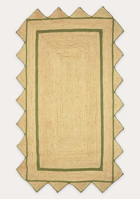 100% Jute Braided Natural Beige Rug | Bohemian Braided Scalloped Flat Woven Reversible Carpet For Living Room