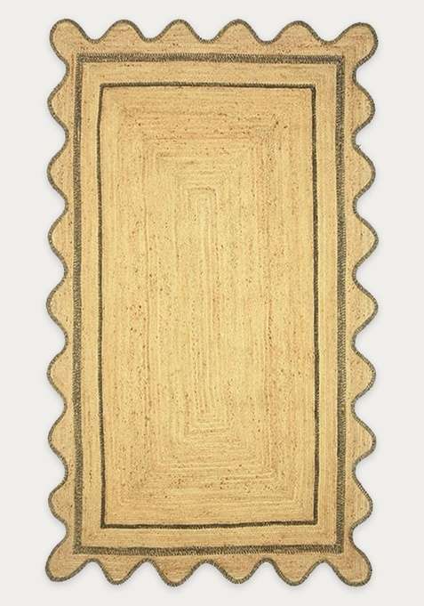 100% Jute Braided Natural Beige Rug | Bohemian Geometric Scalloped Flat Woven Reversible Carpet For Living Room