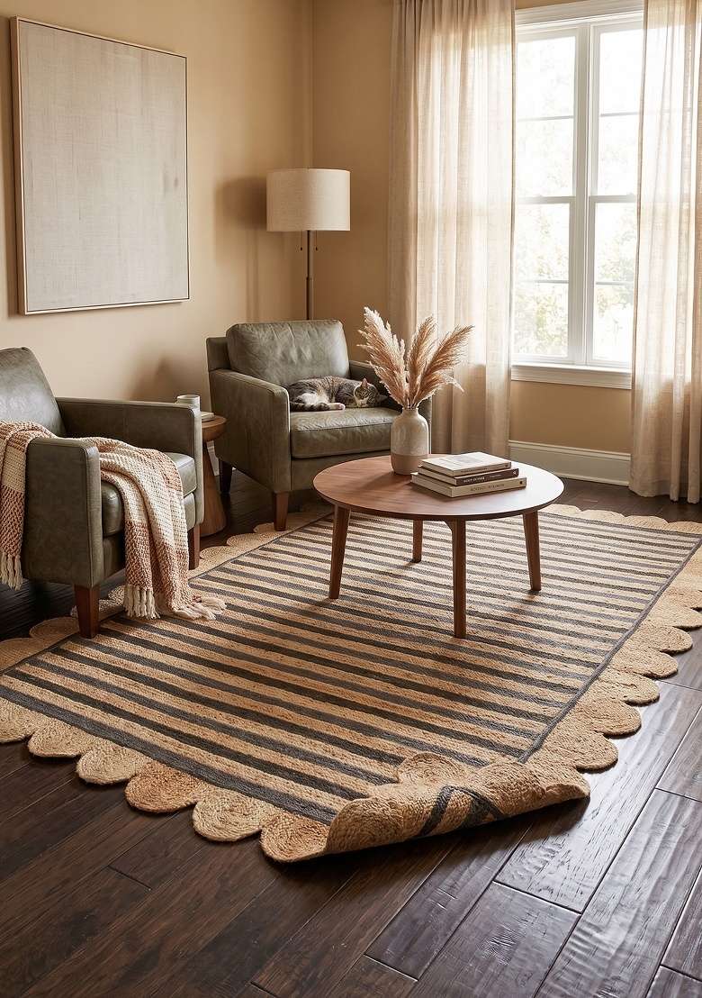 Saffron Rugs Flat Woven Natural Jute Area Rug | Natural Tan Scalloped Rug | Bohemian Striped Home Decor Carpet for Living Room Bedroom - Indya