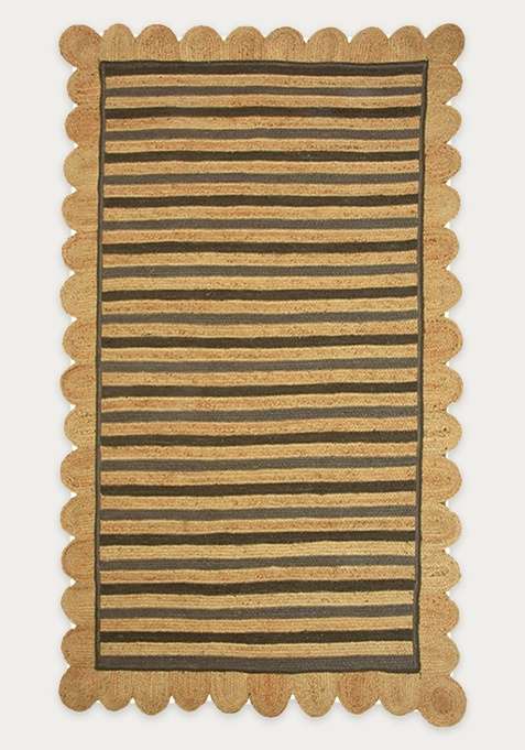 100% Jute Braided Natural Tan Rug | Bohemian Striped Scalloped Flat Woven Reversible Carpet For Living Room