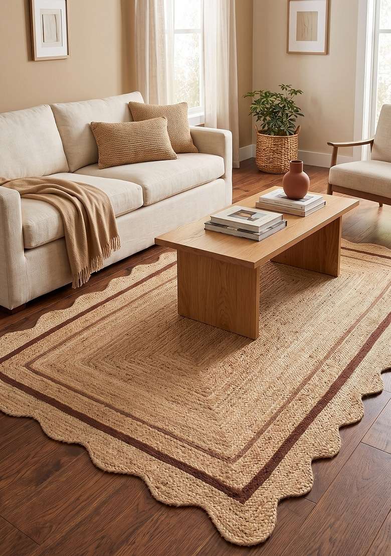 Saffron Rugs Flat Woven Natural Jute Area Rug | Natural Beige Scalloped Rug | Boho Geometric Home Decor Carpet for Living Room Bedroom - Indya