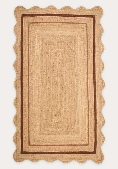 100% Jute Braided Natural Beige Rug | Boho Geometric Scalloped Flat Woven Reversible Carpet For Living Room