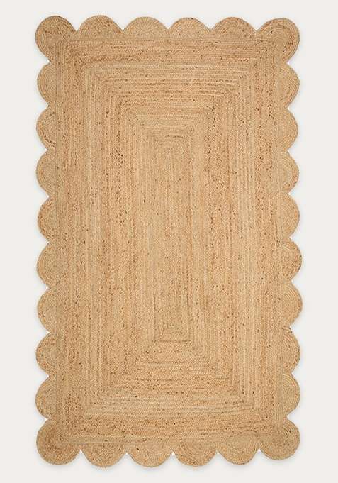 100% Jute Braided Natural Tan Rug | Bohemian Braided Scalloped Flat Woven Reversible Carpet For Living Room