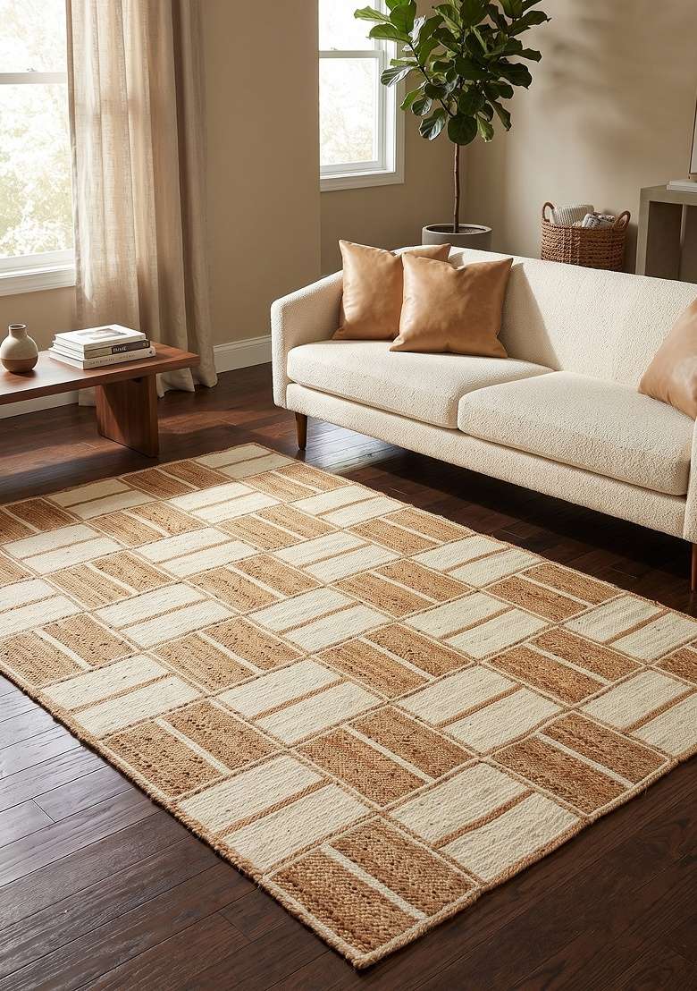 Saffron Rugs Flat Woven Natural Jute Area Rug | Natural Tan Beige Rectangular Rug | Bohemian Checkered Home Decor Carpet for Living Room Bedroom - Indya