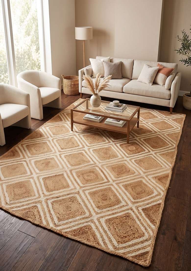 Saffron Rugs Flat Woven Natural Jute Area Rug | Natural Tan Rectangular Rug | Bohemian Geometric Home Decor Carpet for Living Room Bedroom - Indya