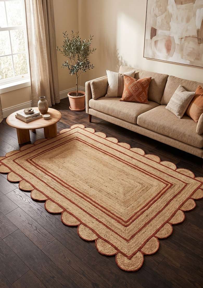 Saffron Rugs Flat Woven Natural Jute Area Rug | Natural Beige Scalloped Rug | Bohemian Geometric Home Decor Carpet for Living Room Bedroom - Indya