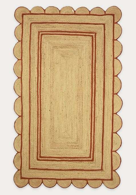 100% Jute Braided Natural Beige Rug | Bohemian Geometric Scalloped Flat Woven Reversible Carpet For Living Room