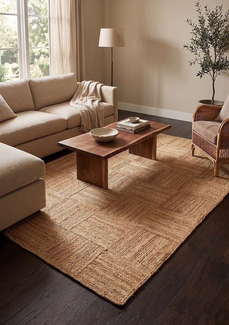 Saffron Rugs Flat Woven Natural Jute Area Rug | Natural Tan Rectangular Rug | Boho Geometric Home Decor Carpet for Living Room Bedroom - Indya