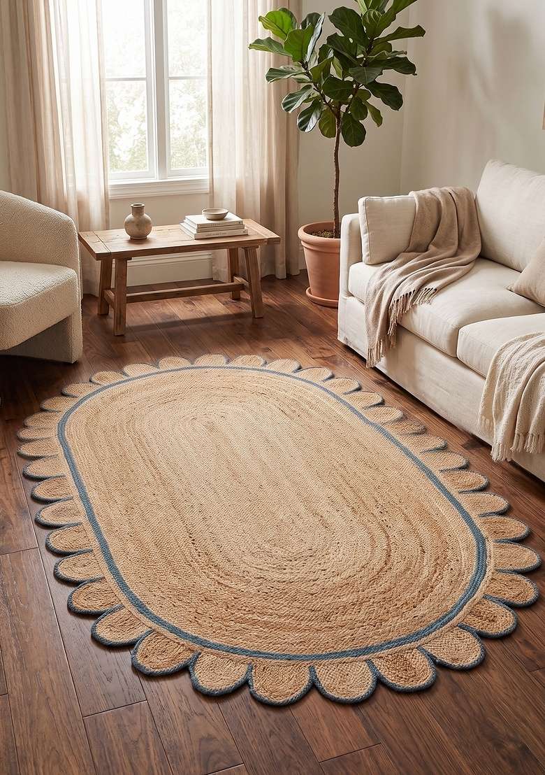 Saffron Rugs Flat Woven Natural Jute Area Rug | Natural Beige Scalloped Rug | Bohemian Braided Home Decor Carpet for Living Room Bedroom - Indya