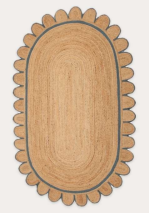 100% Jute Braided Natural Beige Rug | Bohemian Braided Scalloped Flat Woven Reversible Carpet For Living Room