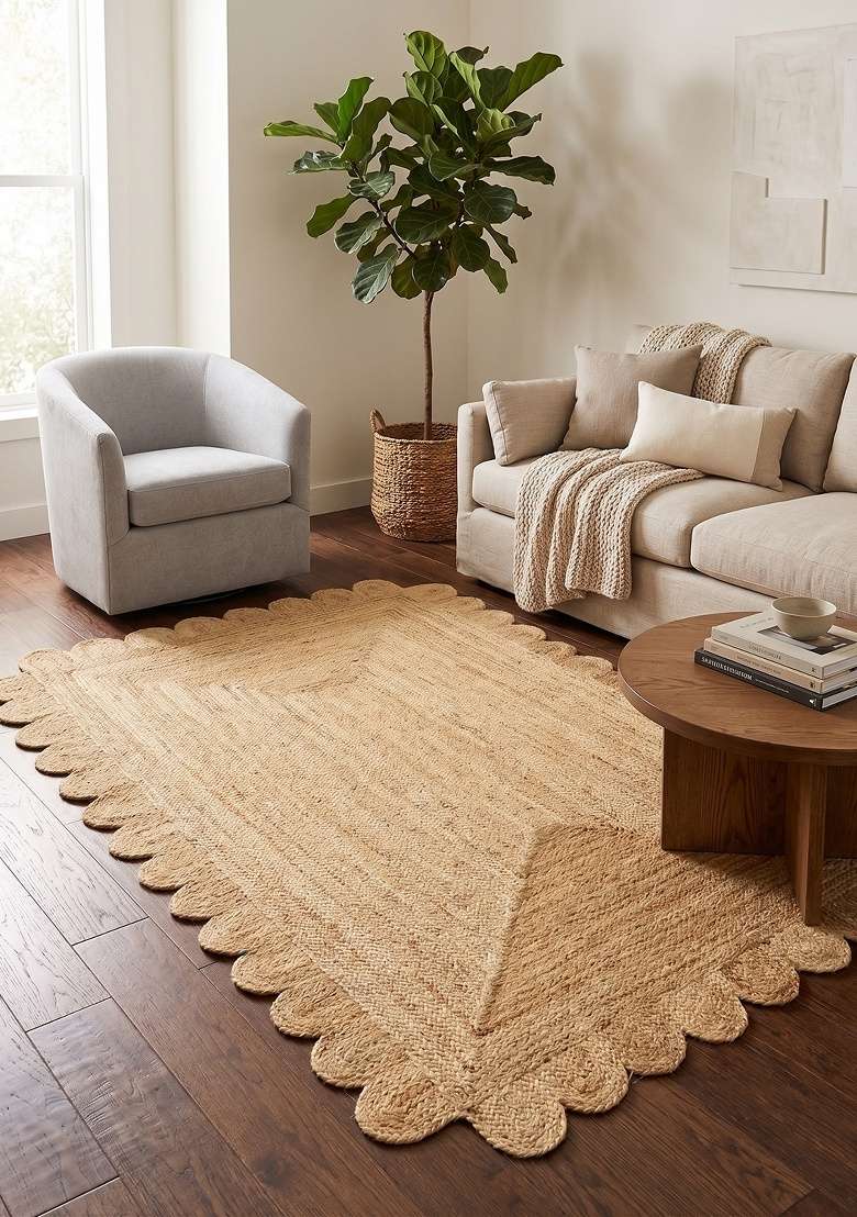 Saffron Rugs Flat Woven Natural Jute Area Rug | Natural Tan Scalloped Rug | Bohemian Solid Home Decor Carpet for Living Room Bedroom - Indya