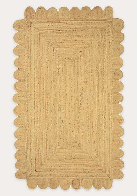 100% Jute Braided Natural Tan Rug | Bohemian Solid Scalloped Flat Woven Reversible Carpet For Living Room