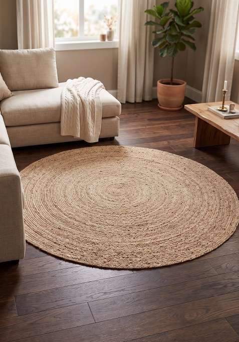 100% Jute Braided Natural Tan Rug | Bohemian Braided Round Flat Woven Reversible Carpet For Living Room