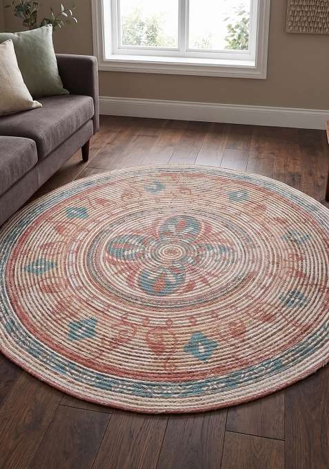 100% Jute Braided Multicolor Rug | Boho Braided Round Flat Woven Reversible Carpet For Living Room