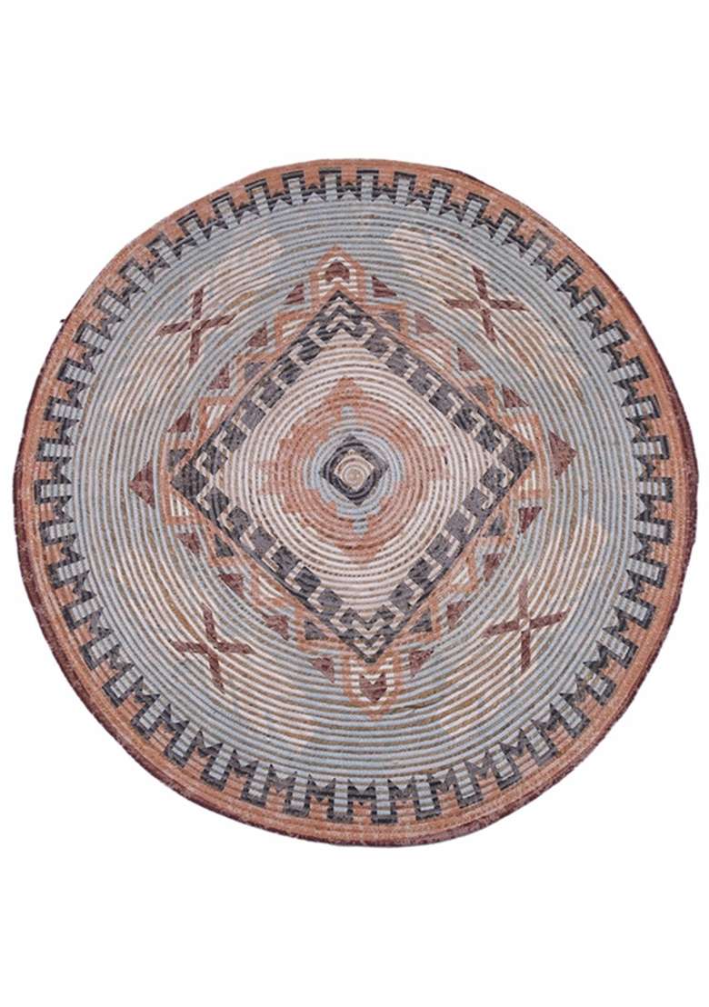 Saffron Rugs Flat Woven Natural Jute Area Rug | Grey Terracotta Round Rug | Bohemian Geometric Home Decor Carpet for Living Room Bedroom - Indya