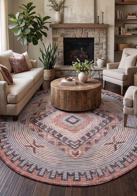 100% Jute Braided Grey Terracotta Rug | Bohemian Geometric Round Flat Woven Reversible Carpet For Living Room