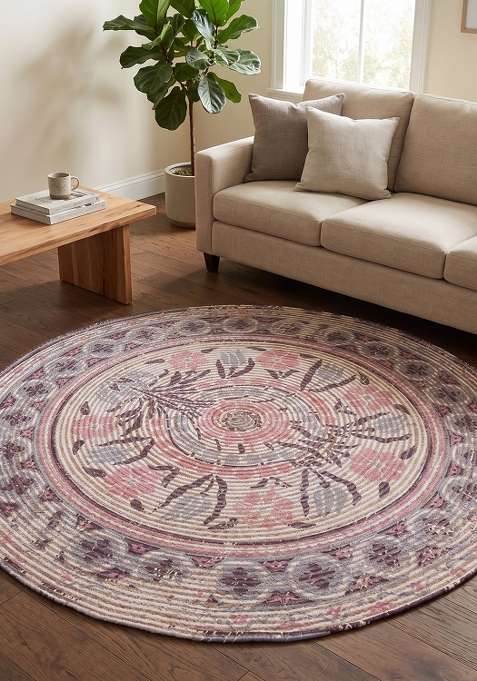 100% Jute Braided Blush Pink Beige Rug | Boho Floral Round Flat Woven Reversible Carpet For Living Room