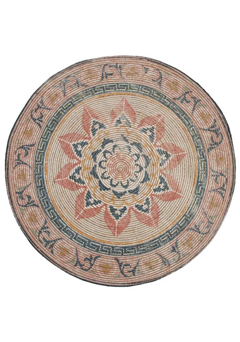 Saffron Rugs Flat Woven Natural Jute Area Rug | Natural Beige Round Rug | Bohemian Geometric Home Decor Carpet for Living Room Bedroom - Indya