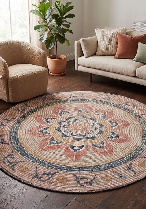 100% Jute Braided Natural Beige Rug | Bohemian Geometric Round Flat Woven Reversible Carpet For Living Room