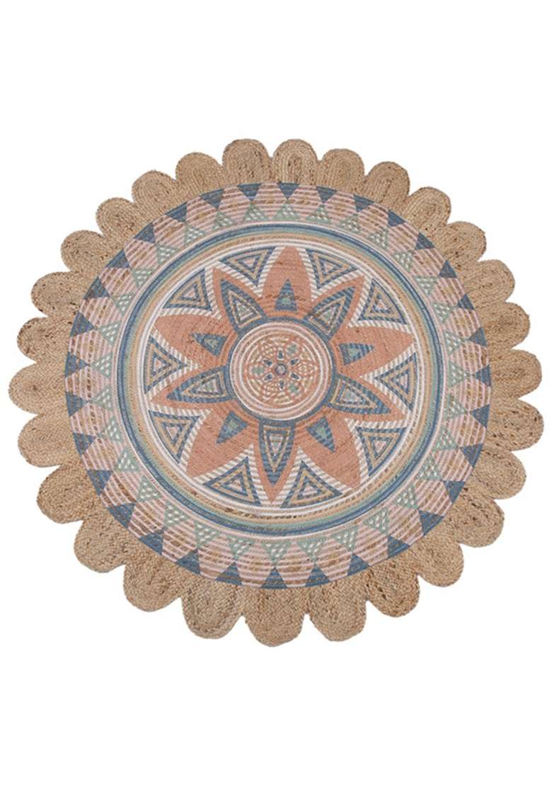 Saffron Rugs Flat Woven Natural Jute Area Rug | Beige Coral Round Rug | Bohemian Geometric Home Decor Carpet for Living Room Bedroom - Indya