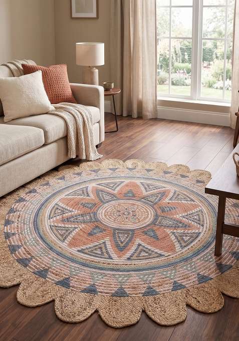 100% Jute Braided Beige Coral Rug | Bohemian Geometric Round Flat Woven Reversible Carpet For Living Room